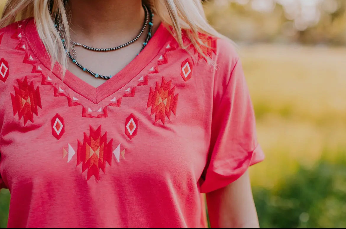 Coral Embroidered VNeck