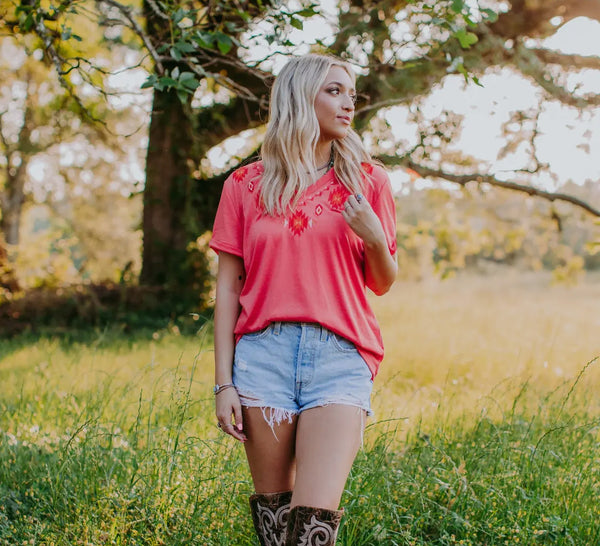 Coral Embroidered VNeck