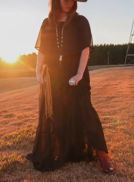 Breezy Off the Shoulder
Sheer Maxi Dress-Black