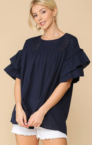 Eyelet Contrast Short Ruffled Sleeves Tunic Top