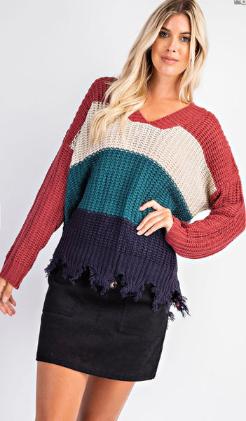 Colorblock Fringe Sweater