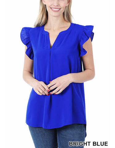 WOVEN  RUFFLED SLEEVE HIGH-LOW TOP Blue