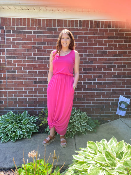 Gabby Bubble Top Maxi Dress in Hot Pink