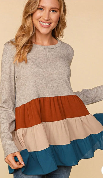 Lowen Taupe & Teal Color Block Woven Tiered Twofer Top