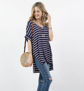 111 Striped Rolled Sleeve Top