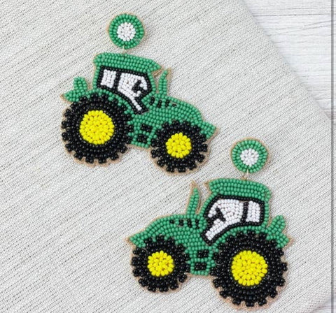 A39 Green Tractor Seed Bead Earrings