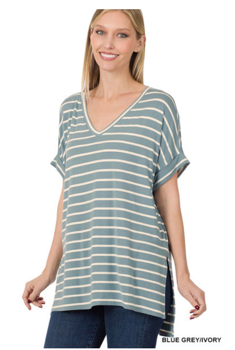 144 Striped Rolled Sleeve Top