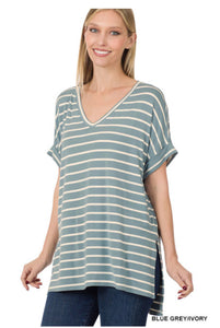 144 Striped Rolled Sleeve Top