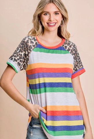 T348 MULTI STRIPE RAGLAN ANIMAL PRINT TOP