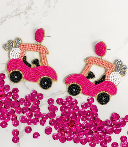 A58 Pink Golf Cart Beaded Earrings