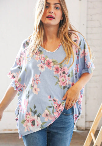 Becca Blue Floral Ruffle Top