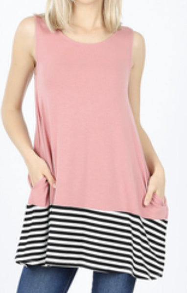 Stripes & Contrast Tank with Pockets