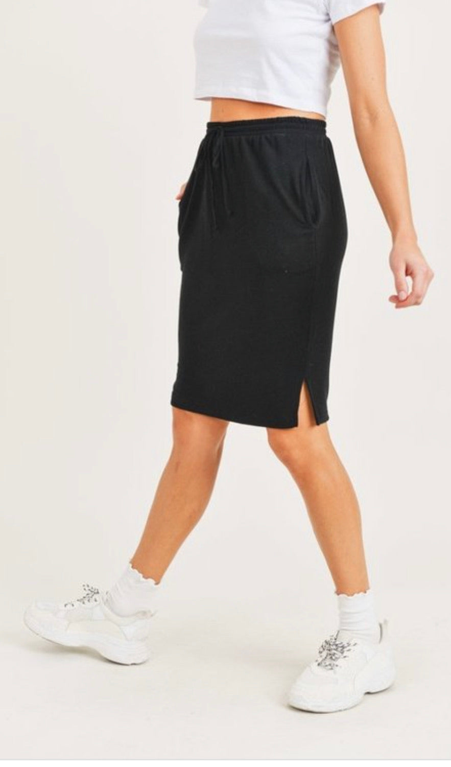 French-Terry Drawstring Notched Skirt with Pockets