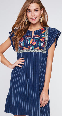 Navy Striped Embroidered Dress