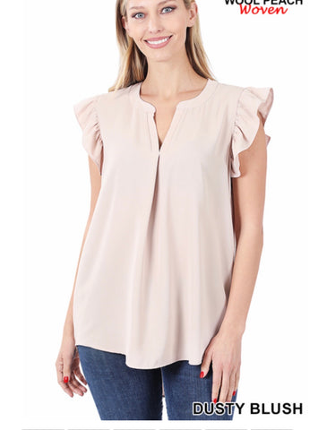 WOVEN  RUFFLED SLEEVE HIGH-LOW TOP Dusty Pink