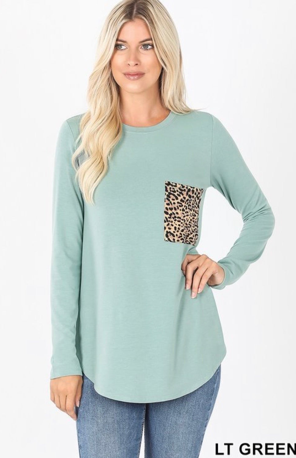 T11 Leopard Long Sleeve Pocket Tee-Sage