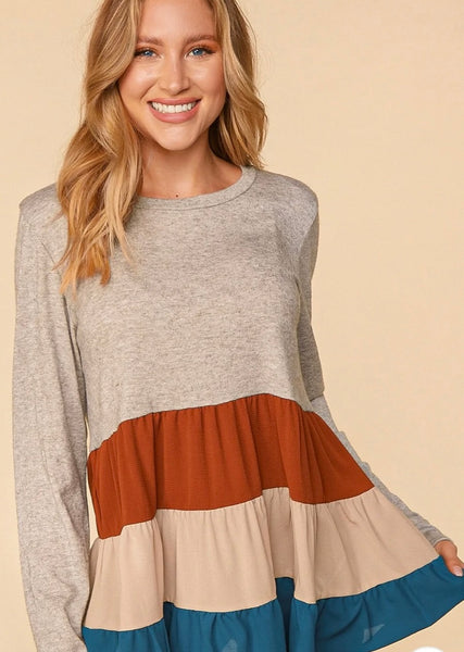 Lowen Taupe & Teal Color Block Woven Tiered Twofer Top