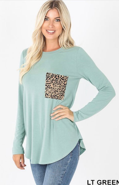 T11 Leopard Long Sleeve Pocket Tee-Sage