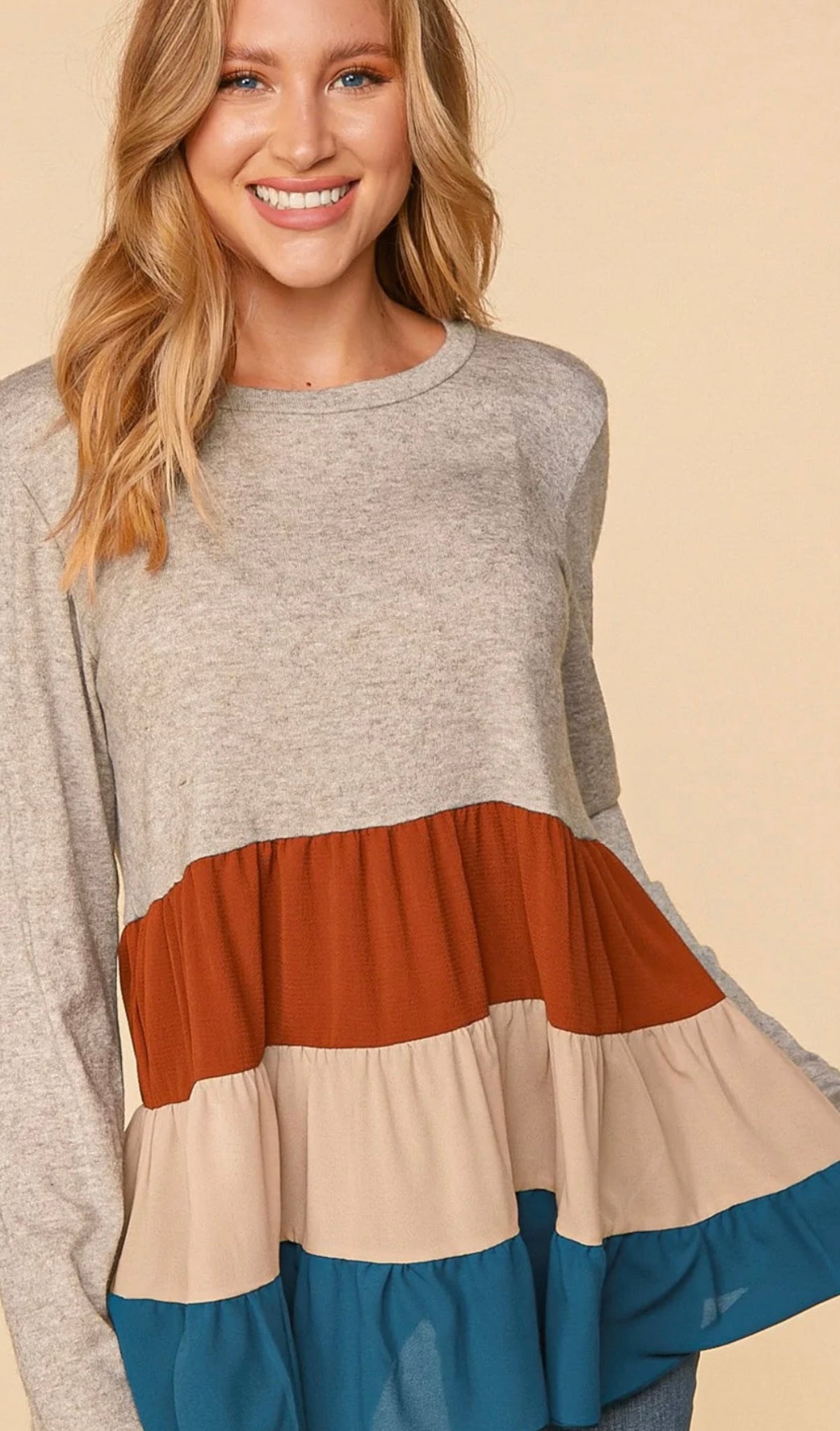 Lowen Taupe & Teal Color Block Woven Tiered Twofer Top