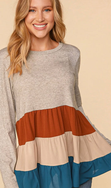 Lowen Taupe & Teal Color Block Woven Tiered Twofer Top