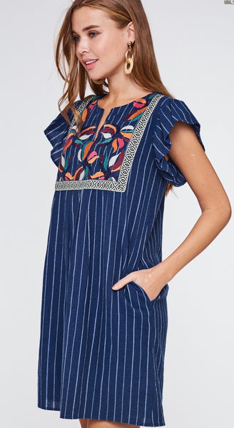 Navy Striped Embroidered Dress