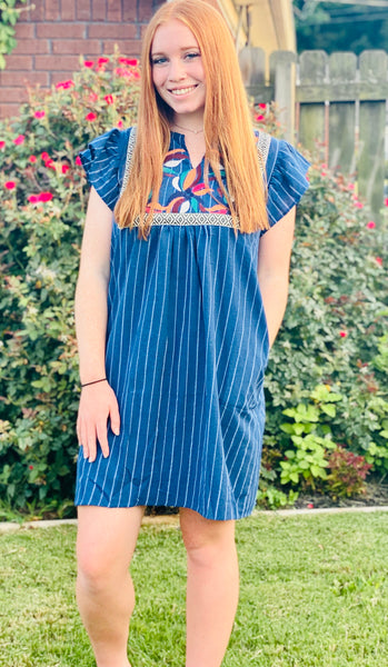 Navy Striped Embroidered Dress