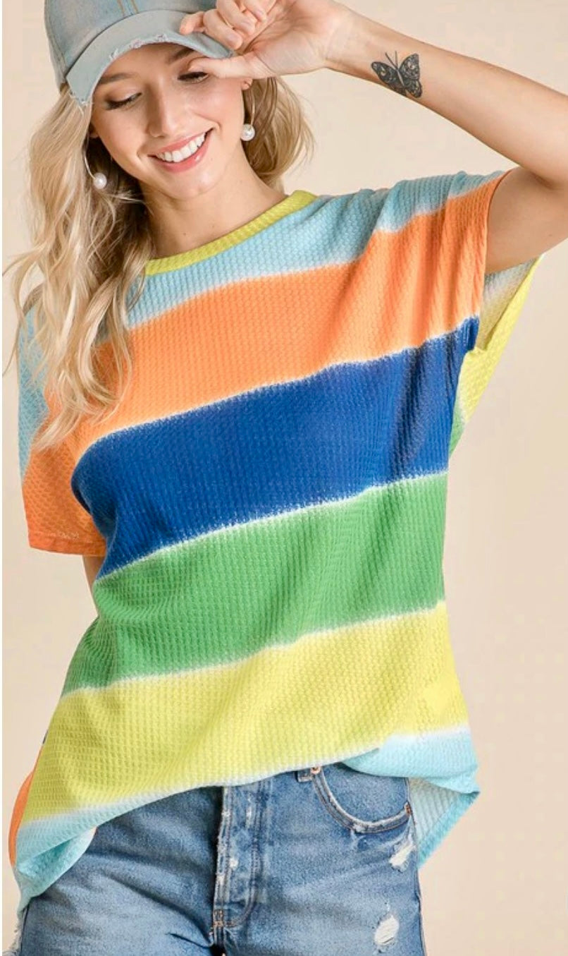 T347 ORANGE MULTI COLOR STRIPE DETAIL TOP