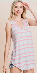 T345 MINT BLUE & PINK DESIGN PRINT SLEEVELESS TOP