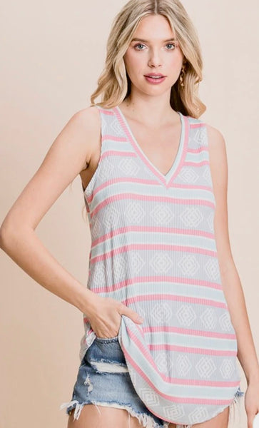 T345 MINT BLUE & PINK DESIGN PRINT SLEEVELESS TOP