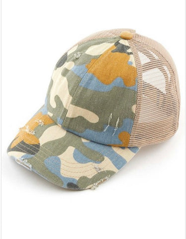 C.C Denim Camouflage with Crossed Elastic Band Meshed Pony Cap