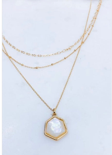 HEXAGON SHAPED PRESSED MOTHER OF PEARL PENDANT LAYERED NECKLACE