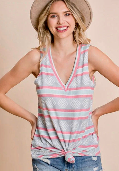 T345 MINT BLUE & PINK DESIGN PRINT SLEEVELESS TOP