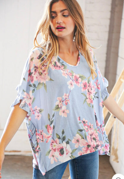 Becca Blue Floral Ruffle Top