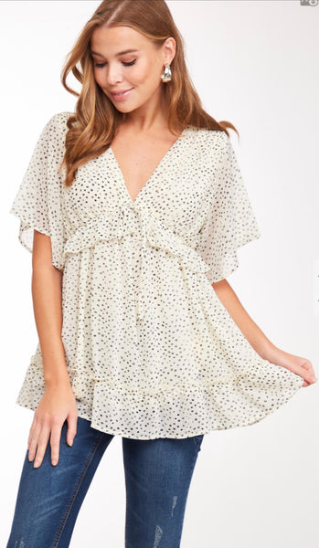 Lila Dot Print Ruffle Top