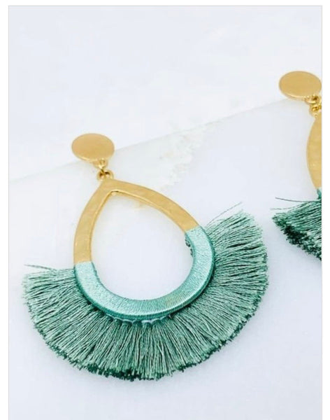 Teardrop Fan Tassel Earrings-Sage