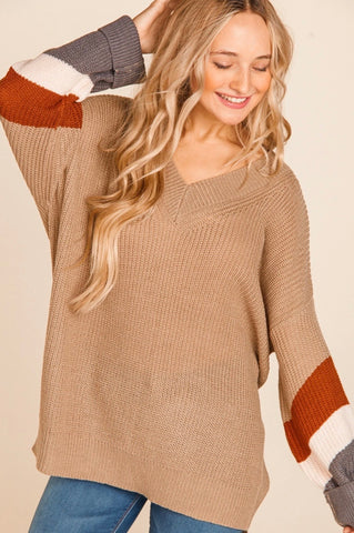 1220 Taupe Vneck Bubble Sleeve Color Block Sweater