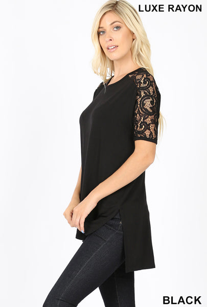 Lace Sleeve Hi-Low Tunic Black