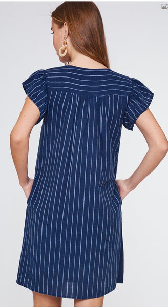 Navy Striped Embroidered Dress