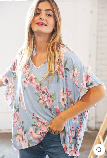 Becca Blue Floral Ruffle Top