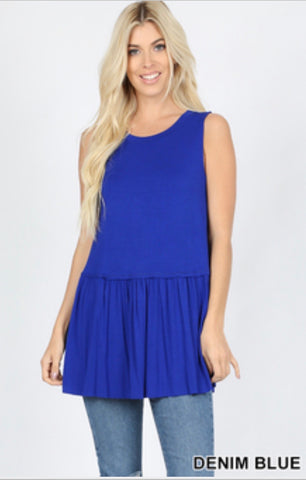 RUFFLE BOTTOM SLEEVELESS TANK in Denim Blue